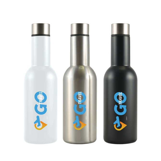 A drink bottle set featuring three vacuum bottles in white, stainless steel, and black, each with a logo.