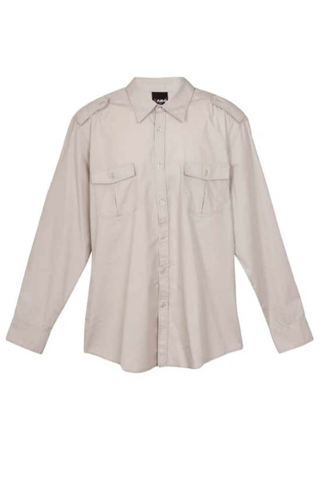 A beige long sleeve button-up shirt with two chest pockets and shoulder epaulets, featuring a logo.