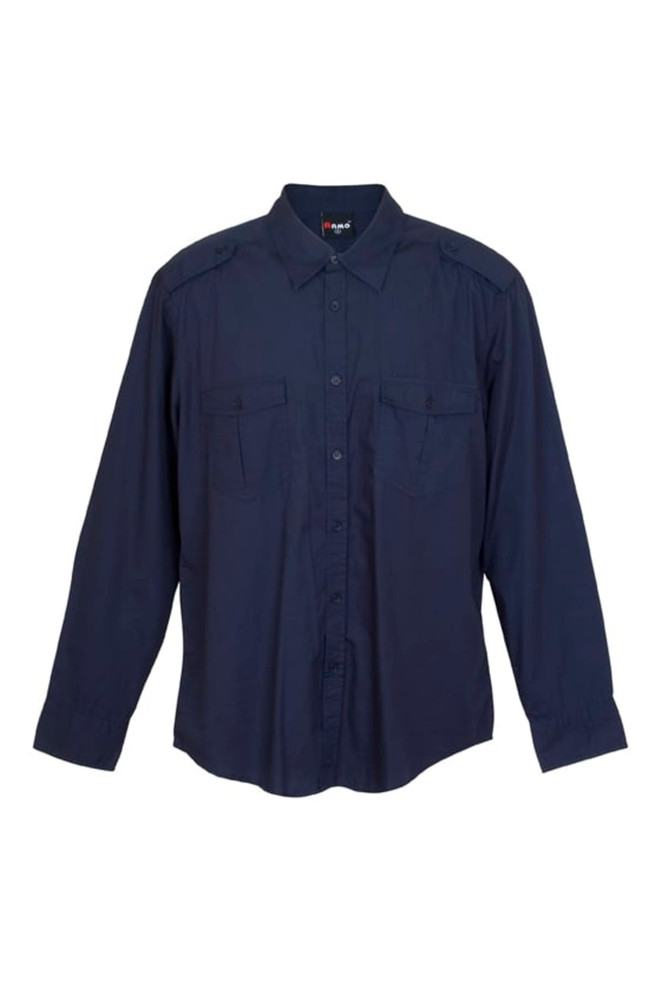 A navy blue long sleeve button-up shirt featuring two chest pockets and shoulder epaulets. It has a logo on the collar.
