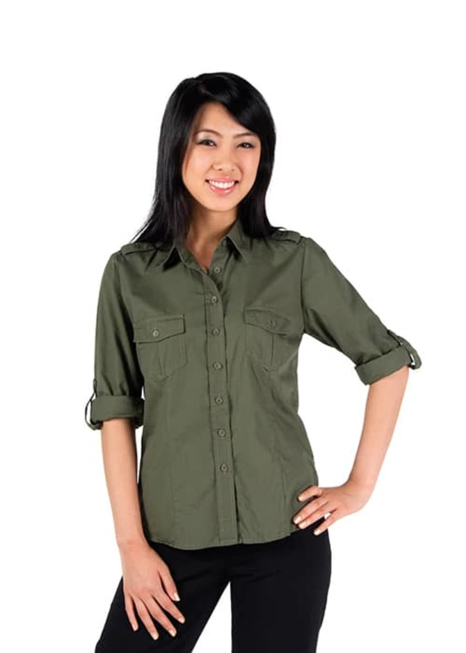 A women's military long sleeve shirt in olive green, featuring button-up front and rolled sleeves, with pockets.