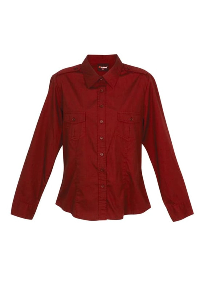 A women's military long sleeve shirt in burgundy, featuring button-up front and chest pockets. It has a logo.
