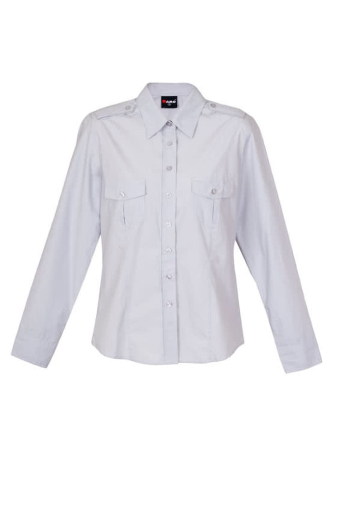 A light blue women's military long sleeve shirt with button-up front and two chest pockets, featuring branding.