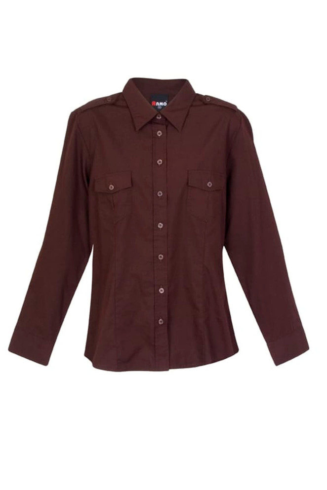 A brown women's military long sleeve shirt with button-up front and two chest pockets. It features shoulder epaulettes and has a logo.
