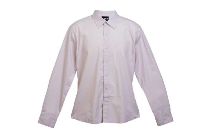 A light pink long sleeve button-up shirt with a collar, featuring a logo on the label.