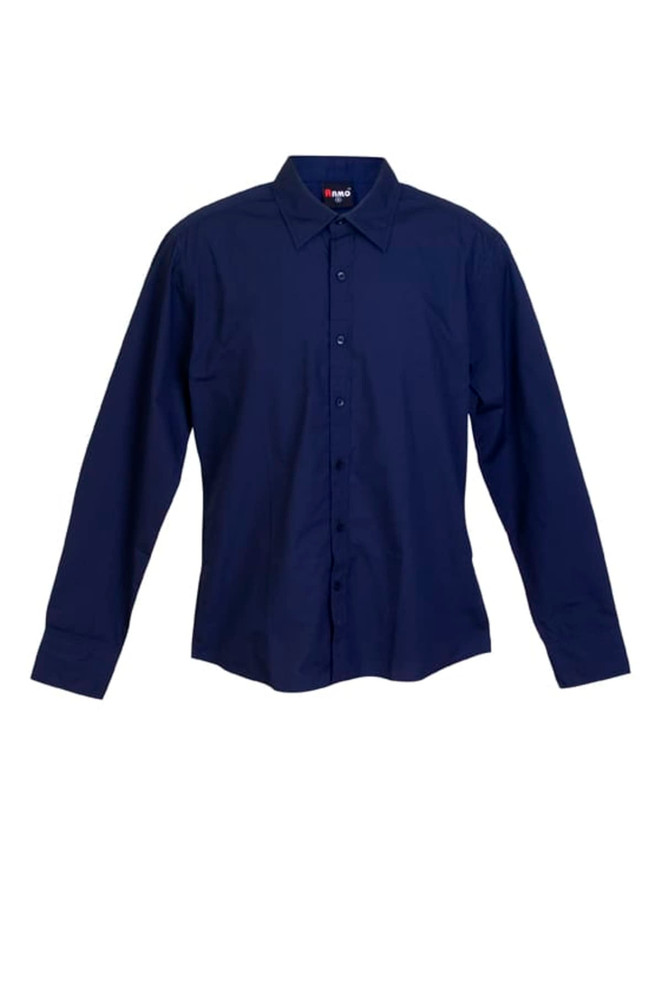 A navy blue long sleeve button-up shirt with a collar and front buttons. The shirt features a logo on the label.
