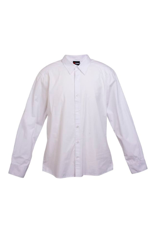 A white long sleeve button-up shirt with a collared neckline, featuring a logo on the tag.