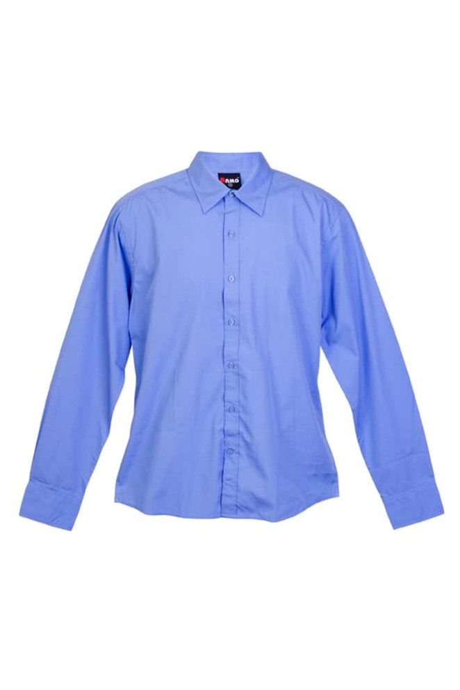 A men's long sleeve button-up shirt in light blue with a collar and a logo on the label.