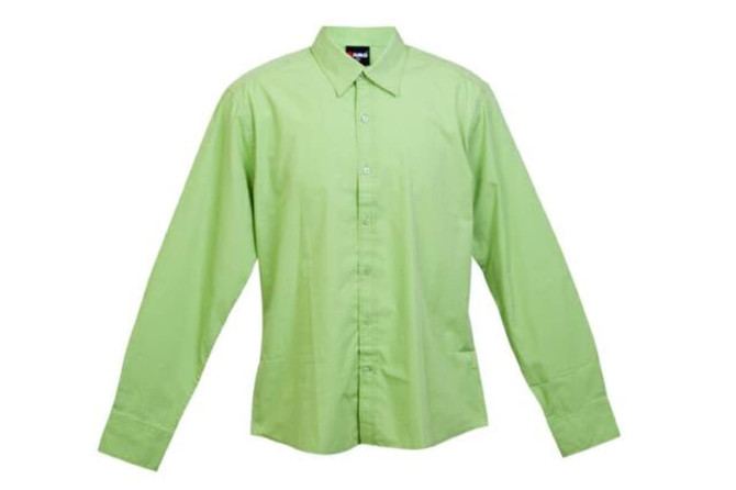 A green men's long sleeve button-up shirt with a collar, featuring a logo on the label.