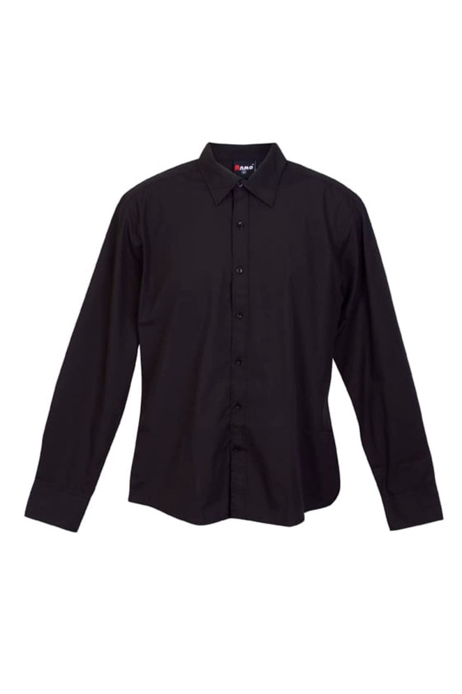 A black long sleeve button-up shirt with a collared neck and a logo on the label.