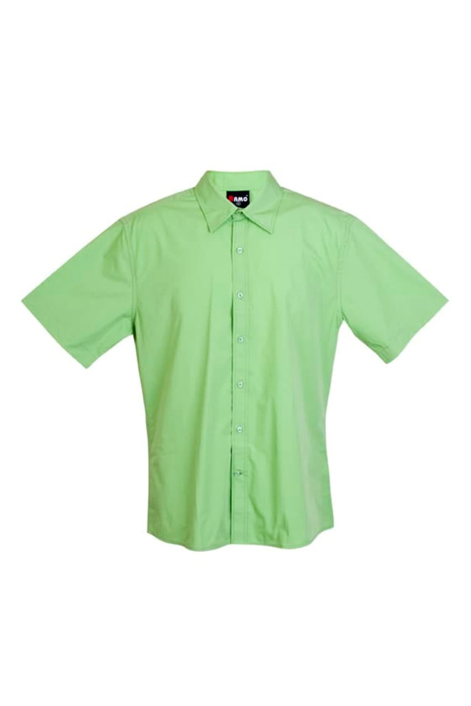 A light green short-sleeve button-up shirt with a collar and a logo on the label.