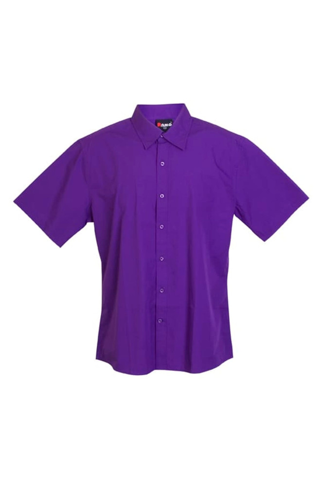 A purple short sleeve button-up shirt with a collar and a logo on the inside. 