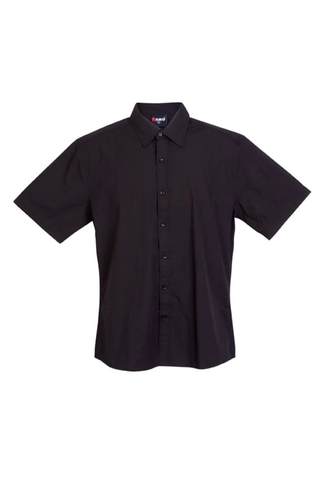 A black men's short sleeve button-up shirt with a collared neckline and a front button closure, featuring a logo.