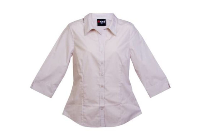 A light pink women's 3/4 sleeve button-up shirt with a fitted design and a logo on the collar.