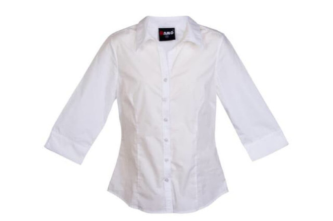 A white women's 3/4 sleeve button-up shirt with a collared neck and a branded tag.