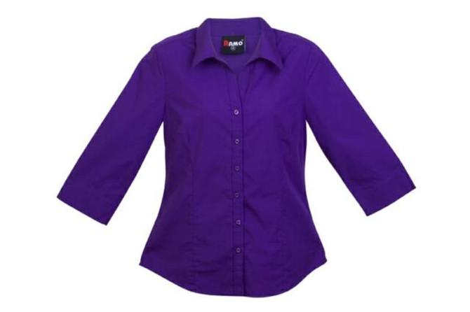 A purple women's 3/4 sleeve button-up shirt with a fitted design and a logo on the label.