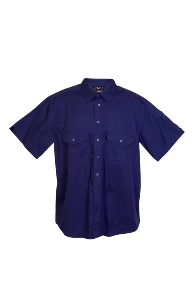 A navy short sleeve work shirt with two chest pockets and a logo on the sleeve.
