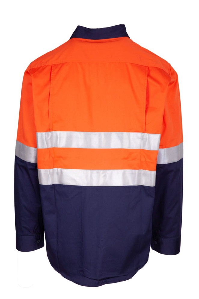 A long sleeve work shirt in orange and navy with reflective stripes and a logo.