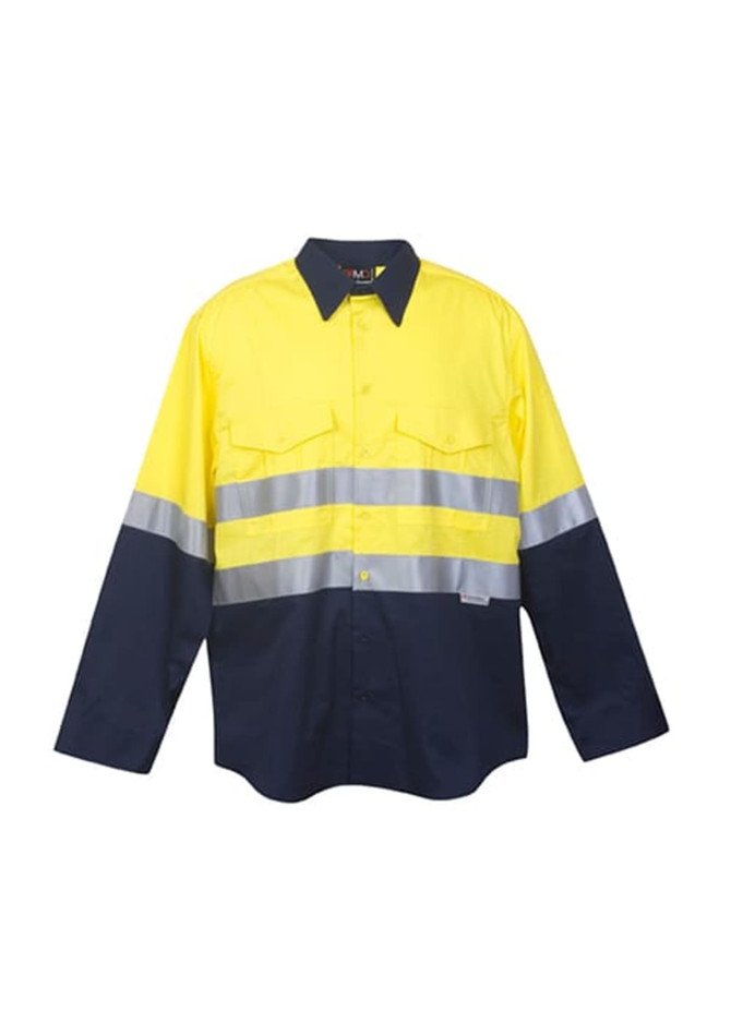 A long sleeve work shirt featuring high visibility yellow and navy blue colours with reflective strips and a logo.