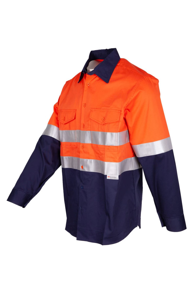An orange and navy blue long sleeve work shirt with reflective stripes and a logo.