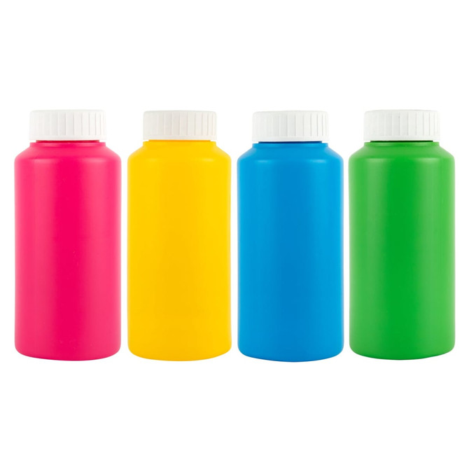 A drink bottle set featuring four vibrant colors: pink, yellow, blue, and green, each with a white screw-on cap.