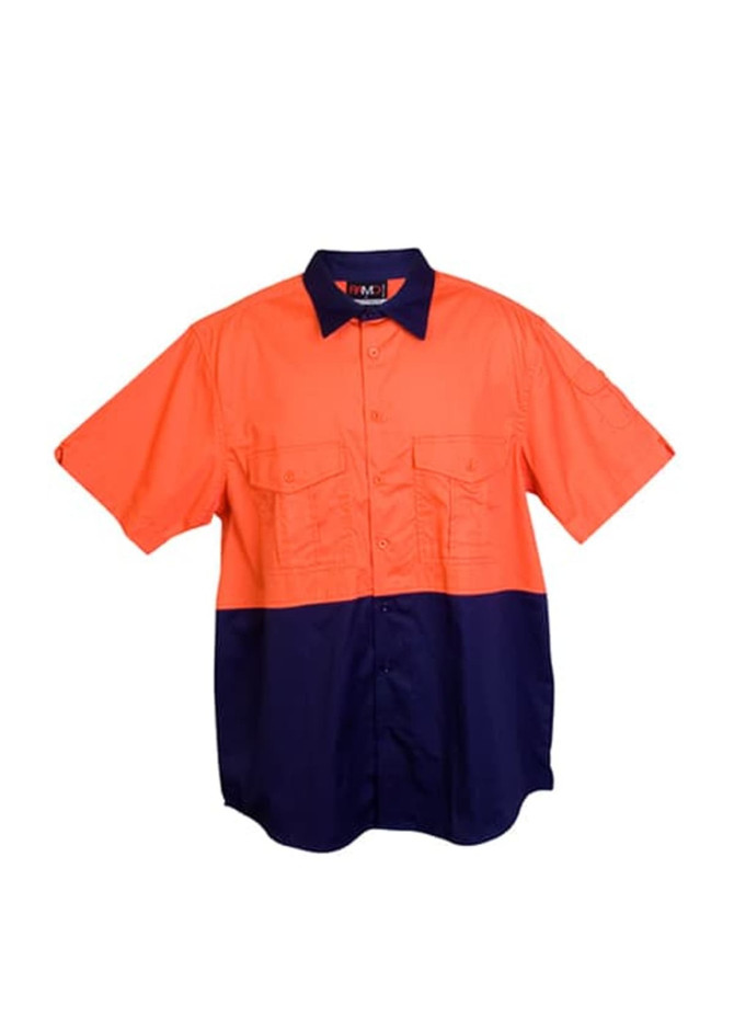 An orange and navy short sleeve work shirt featuring two chest pockets and a logo.