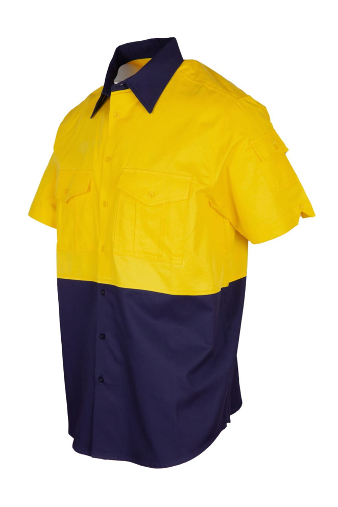 A short sleeve work shirt in yellow and navy blue with a logo, featuring multiple front pockets.
