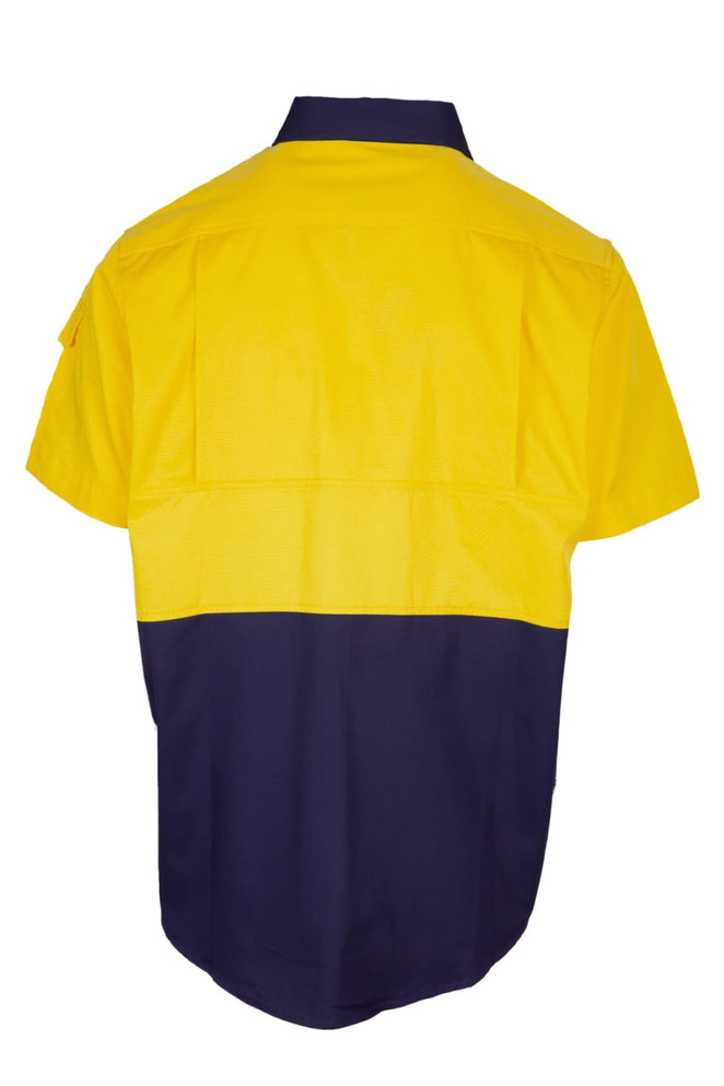 A short sleeve work shirt in yellow and navy blue, featuring a logo and two back pockets.