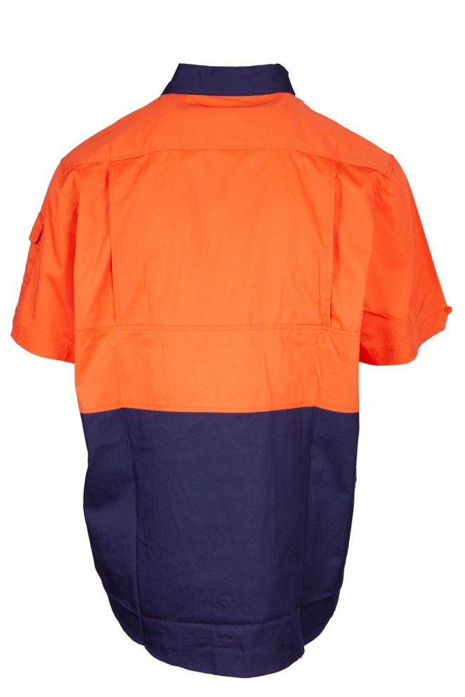 An orange and navy short sleeve work shirt with a logo, featuring a contrasting two-toned design.