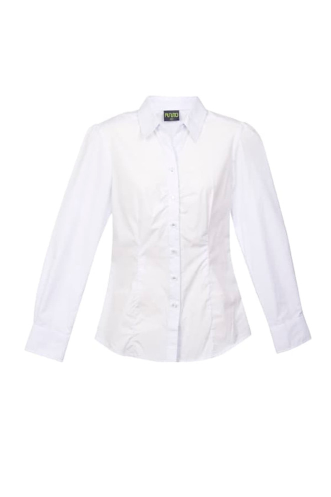 A white button-up shirt with a fitted silhouette, featuring long sleeves and a collar. It includes branding on the label.