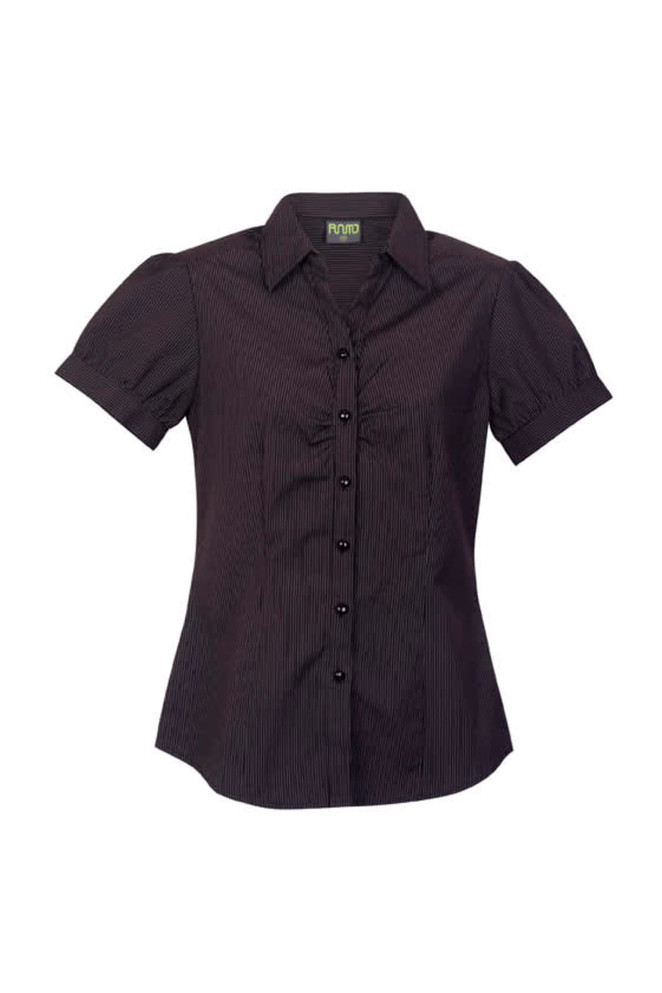 A black and white striped button-up shirt with short puff sleeves and a fitted silhouette. Features a logo on the label.