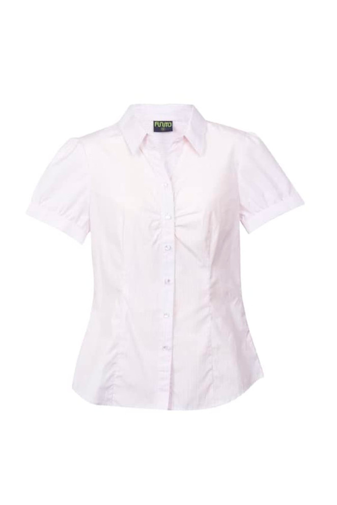 A women's button-up shirt in white with short puff sleeves and a fitted design. It features a logo on the label.