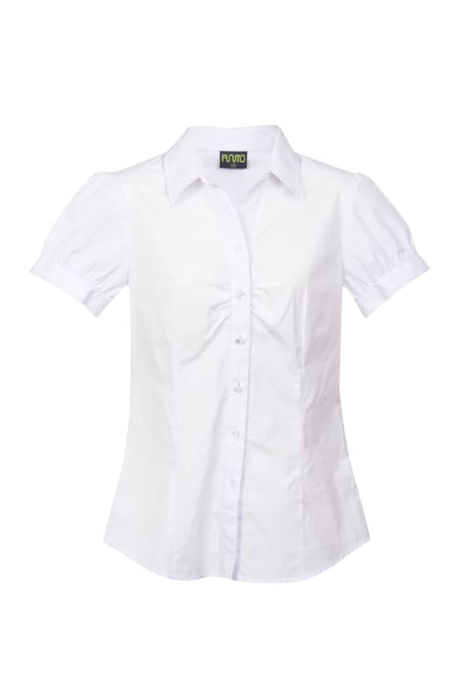 A women's button-up shirt in white with short puff sleeves and a fitted design. Features a branding logo.