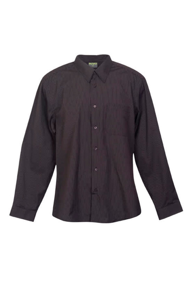A black button-up shirt with urban stripes, featuring long sleeves and a chest pocket. It has a logo on the collar.