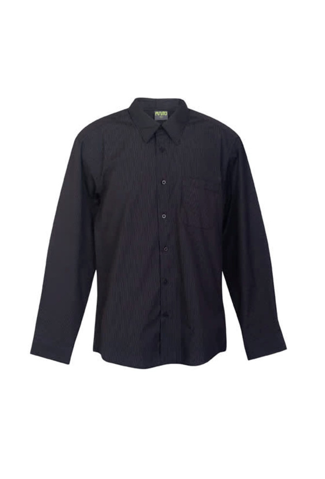A black button-up shirt with vertical white stripes and a chest pocket, featuring a collar and long sleeves.