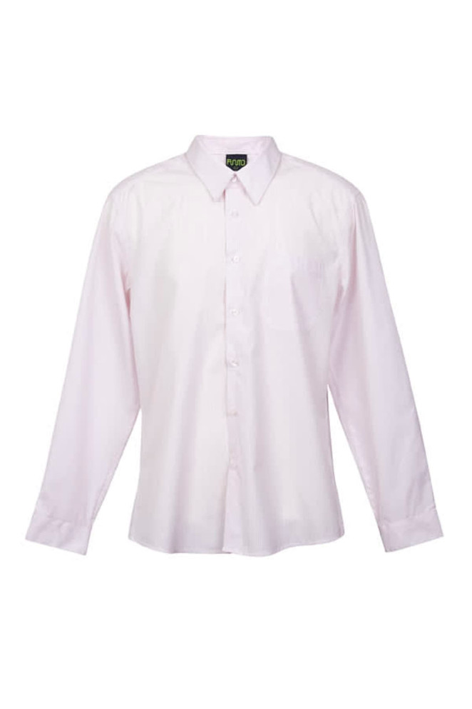 A white long-sleeve button-up shirt featuring a collar and a front pocket. The shirt has a logo tag on the collar.