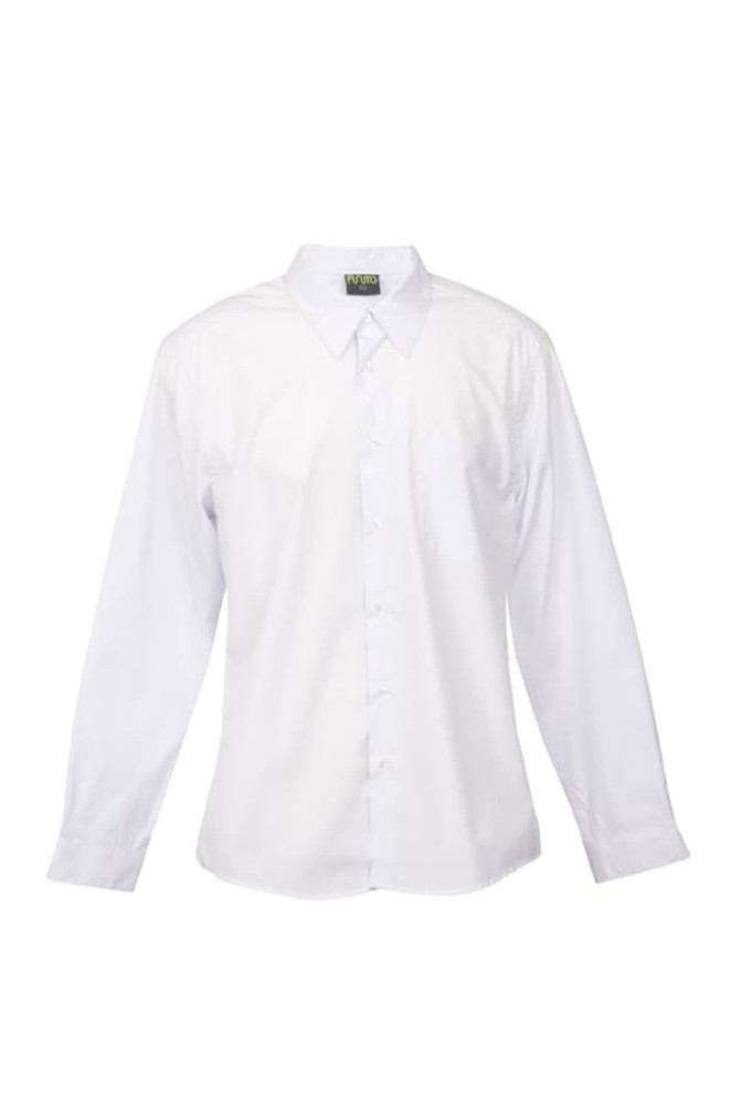 A white button-up shirt with long sleeves and a pocket, featuring a logo on the label.