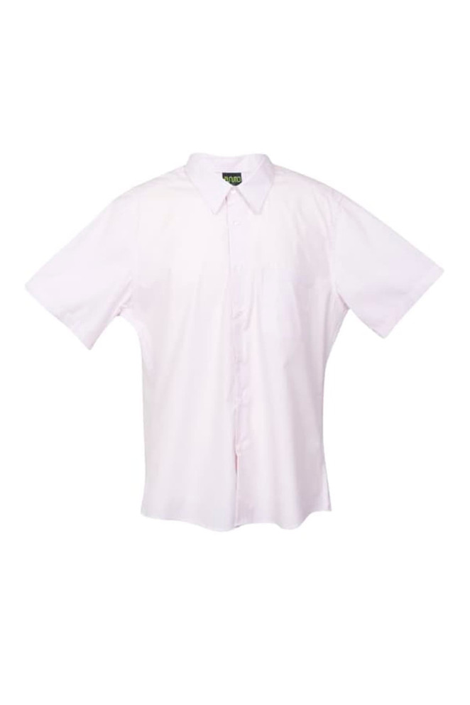 A white short-sleeved button-up shirt with a collar and a pocket, featuring a logo on the label.
