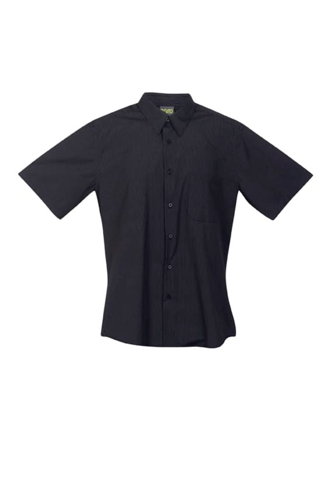 A short-sleeved button-up shirt featuring black urban stripes and a chest pocket. Includes branding.