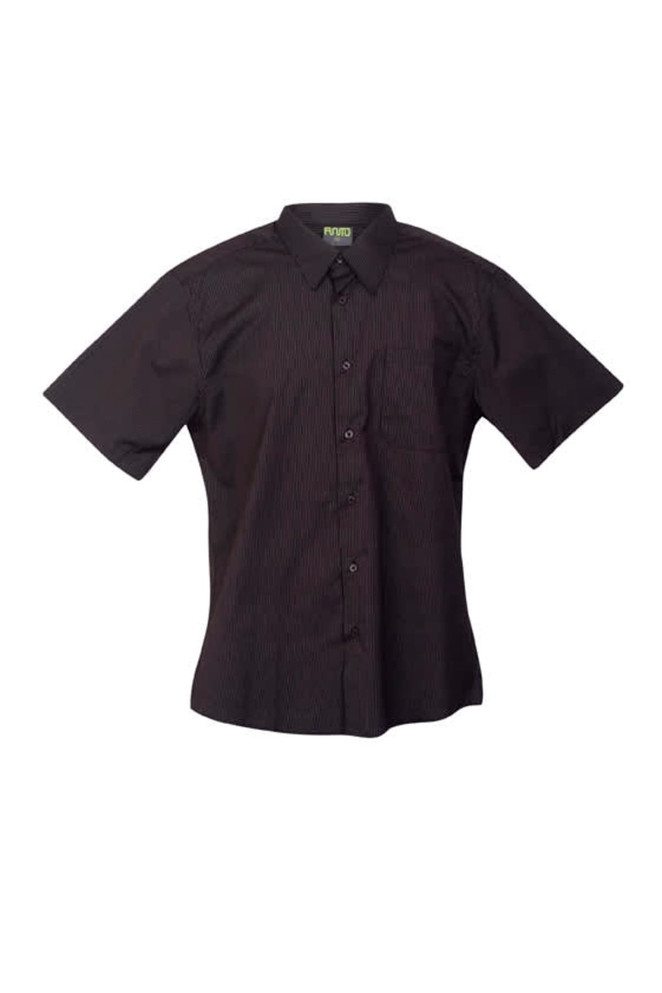 A black short-sleeved button-up shirt featuring vertical stripes and a chest pocket. It has a logo on the collar.