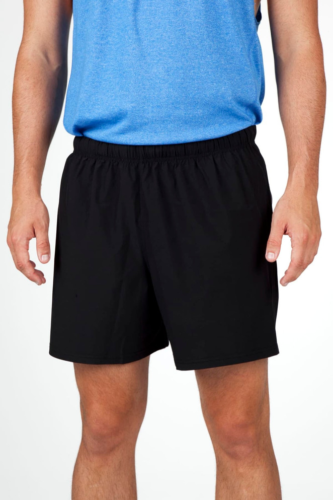 Men's FLEX shorts in black with a comfortable elastic waistband, featuring a four-way stretch design.