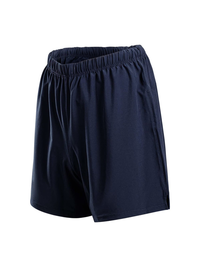 Navy men's shorts featuring a flexible material with a 4-way stretch design and an elastic waistband.