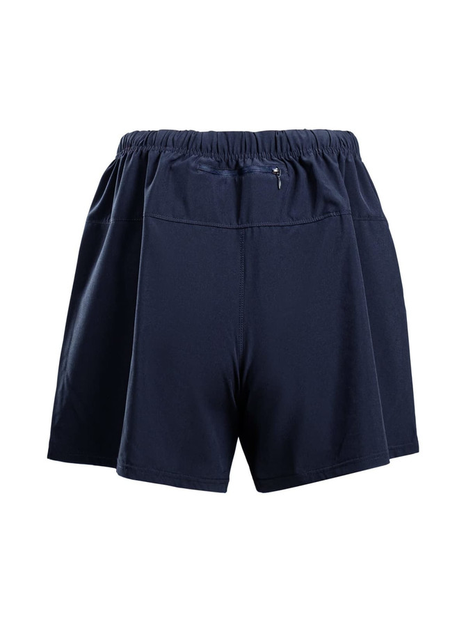 Men's FLEX shorts in navy blue with an elastic waistband and a small zipper pocket, featuring a logo.
