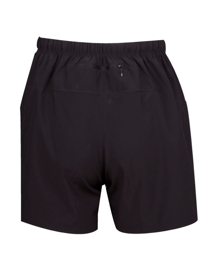 Black men's FLEX shorts featuring a four-way stretch design and an elastic waistband, with a logo on the waistband.