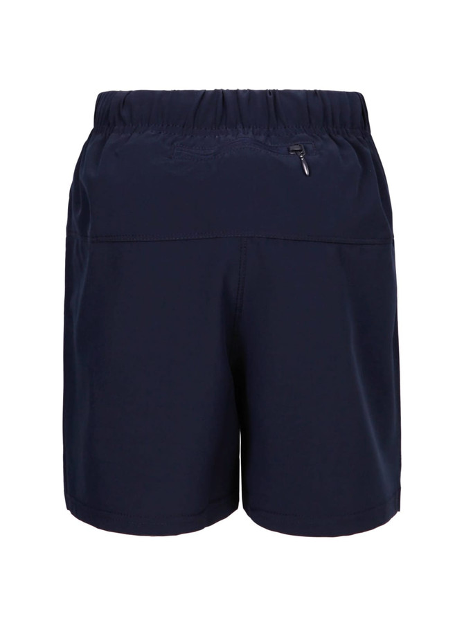 Navy kids' FLEX shorts with an elastic waistband and a back zip pocket. Made from 4-way stretch fabric.