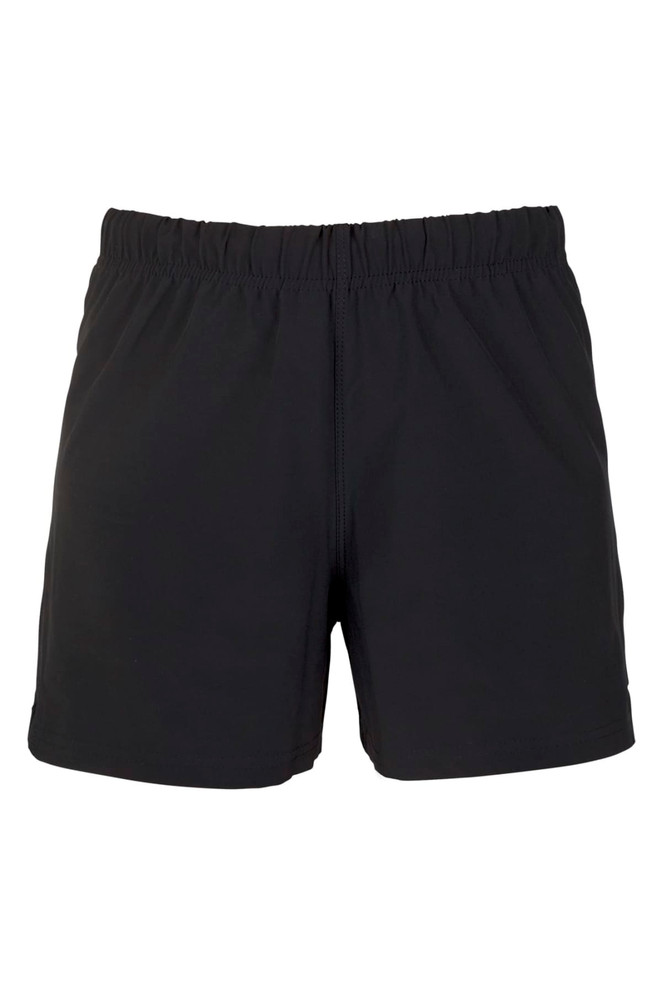 A pair of black kids' shorts with an elastic waistband and a four-way stretch fabric. Features branding on the design.