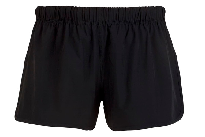 Black women's FLEX shorts featuring a comfortable elastic waistband and a four-way stretch design.