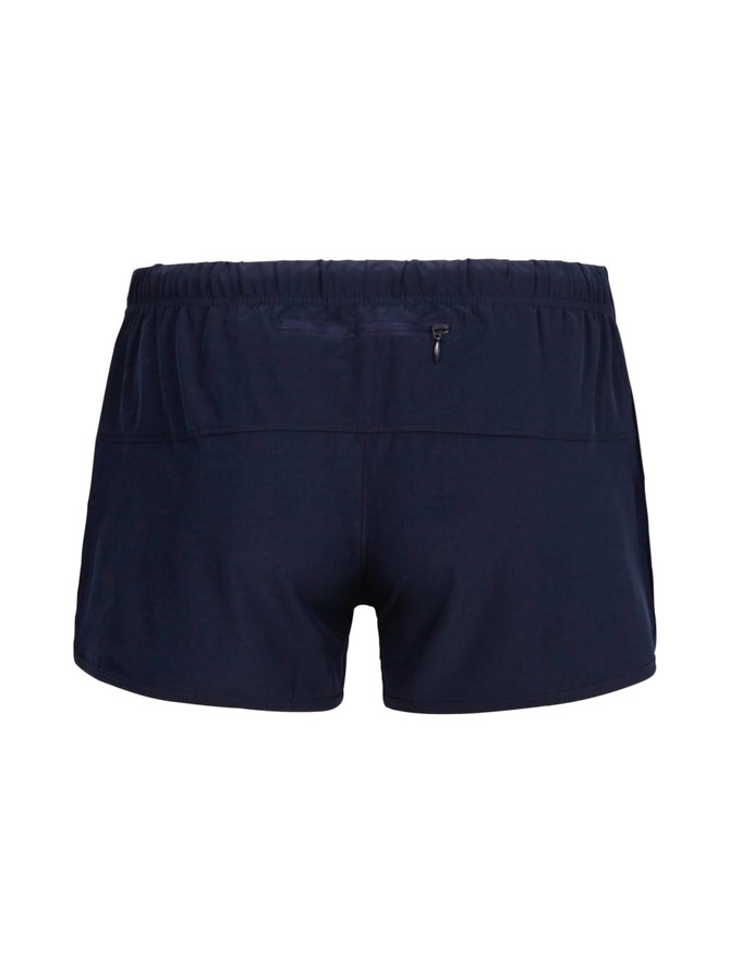 Womens' FLEX shorts in navy, featuring a comfortable elastic waistband and back pocket, with a logo detail.