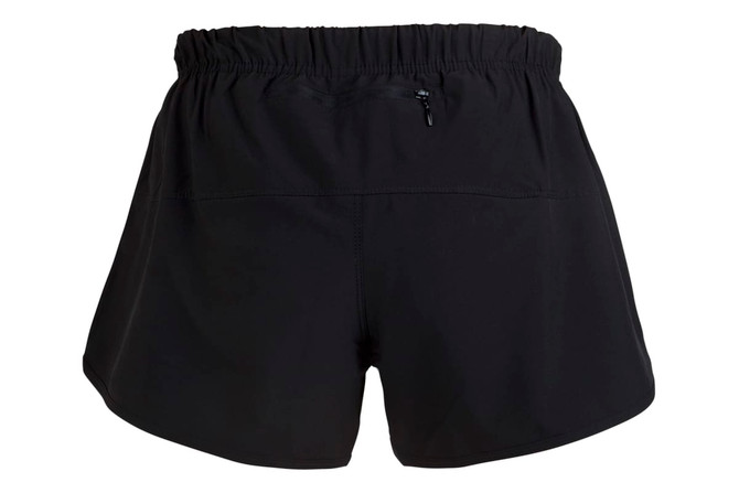 Black women's FLEX shorts featuring a comfortable elastic waistband and a small zip pocket at the back.