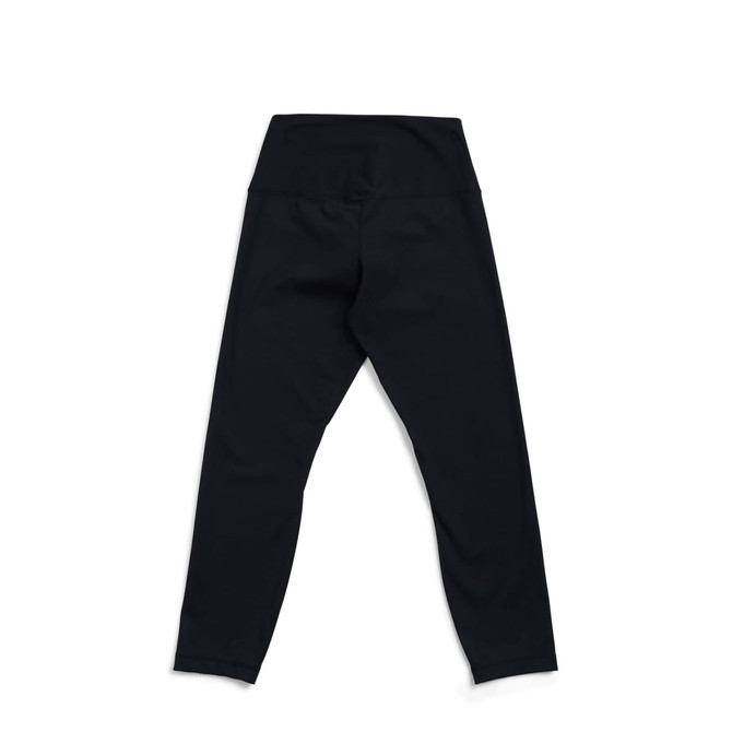 Black high-rise full-length leggings with a fitted design and a waistband, featuring a branding logo.