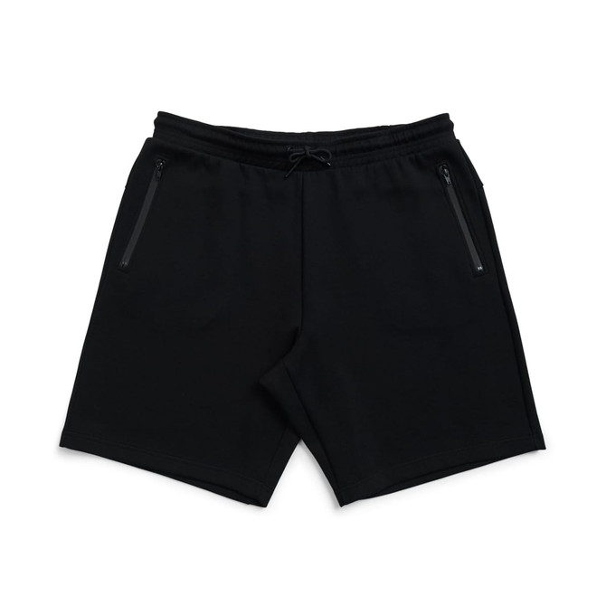 Black men's cotton sandwich shorts with a drawstring waist and zippered pockets. Features a logo detail.